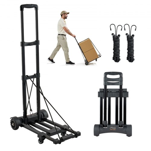 

VEVOR Carretilla de Mano Plegable, Carrito de Equipaje Plegable con 4 Ruedas, 2 Cuerdas Elástica y Base Expandible Carga de 131,5 kg para Equipaje de Viaje, Aeropuerto, Oficina, Mudanza, Negro