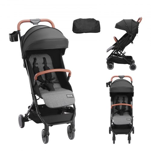 

VEVOR Cochecito de Bebé Estándar Cochecito para Niños Pequeños con Respaldo Ajustable de 95° a 175° Reposapiés Ajustable de 0/90° Portavasos Plegable con Un Solo Clic Bolsa de Transporte, Negro