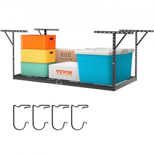 

VEVOR Estante de almacenamiento para garaje 121,9 x 243,8 cm estante de almacenamiento de techo, acero laminado en frío ajustable para carga de 272 kg, 55,9-101,6 cm, negro