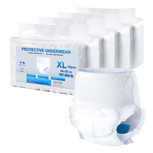 

VEVOR Ropa Interior para Adultos de Alta Absorción Unisex, Pañales Desechables Tipo Pull-Up con Puños Antifugas e Indicador de Humedad, Talla XL, 64 Unidades, Paquete de 4 de 16, 820 x 850 mm