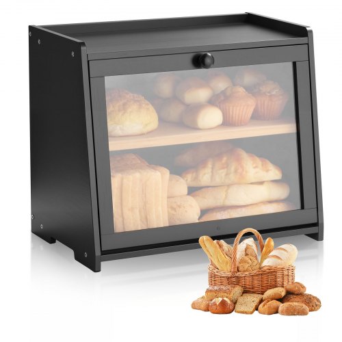 

VEVOR Panera de Doble Capa para Encimera de Cocina, Contenedor de Pan de Bambú de Gran Capacidad, con Panel de Puerta Acrílico Ondulado, Color Negro, Forma Trapezoide, 400 x 250 x 335 mm, Negro