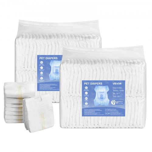 

VEVOR Pañales Desechables para Perras, Superabsorbentes, a Prueba de Fugas de 360°, con Indicador de Humedad para Celo, Entrenamiento e Incontinencia, Talla M, 96 uds, 540 x 350 mm por Pieza