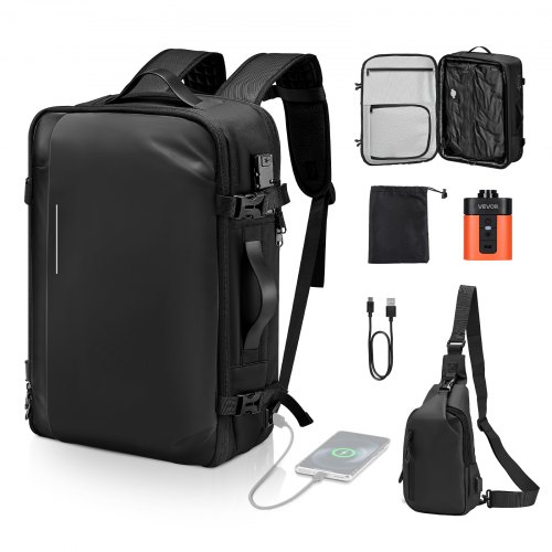 VEVOR Mochila de Vacío de 65 L, Expandible, con Bomba, con Candado y Puerto de Carga USB, Resistente al Agua, para Largas Caminatas, Viajes Internacionales o Negocios, Negro, 510 x 390 x 190 mm