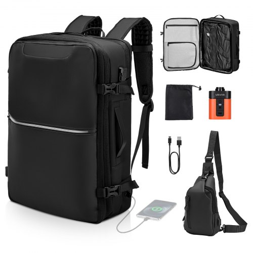 

VEVOR Mochila de Viaje al Vacío de 80 L, Expandible, con Bomba, con Candado y Puerto de Carga USB, Resistente al Agua, para Largas Caminatas o Viajes de Negocios, Color Negro, 610 x 430 x 155 mm