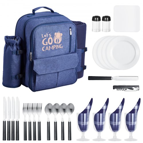 

VEVOR Mochila de Pícnic para Playa, para 4 Personas, con Compartimento Térmico, Portabotellas/Soporte de Vino Desmontable, Manta Ligera, Platos y Cubiertos para Exteriores, Azul Marino, 20 L