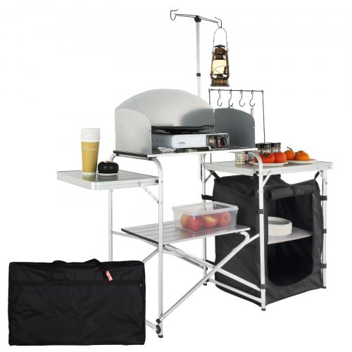 

VEVOR Mesa de Cocina para Camping Plegable para Exteriores con Bolsa de Transporte, Estación de Cocina de Aluminio, 1 Armario y Parabrisas Desmontable, Montaje Rápido para Pícnics, Barbacoas, Negro