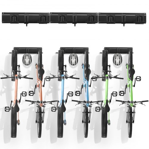 

VEVOR Estante para almacenamiento de bicicletas, 6 portabicicletas y 3 ganchos para cascos, colgador de pared para almacenamiento de bicicletas, organizador para el hogar y el garaje, personalizable para varios tamaños de bicicletas, soporte ajustable, so