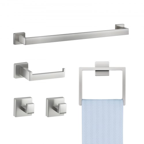 

VEVOR Juego de Accesorios de Baño, Acero Inoxidable 304, con Toallero y Toallero Anillo Cuadrado, 2 Ganchos y Portarrollos de Papel Higiénico, para Baño, en Pared, 598 x 50 x 80 mm, Plata, 5 uds