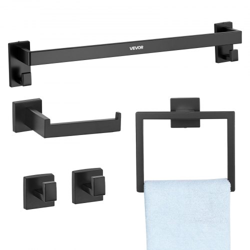 

VEVOR Juego de Accesorios de Baño, de Acero Inoxidable, con Toallero y Toallero Anillo Cuadrado, 2 Ganchos y Portarrollos de Papel Higiénico, para Baño, en Pared, Negro, 595 x 100 x 80 mm, 5 uds