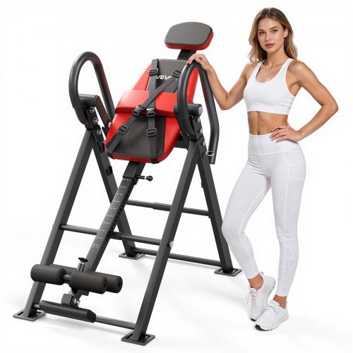 VEVOR Mesa de Inversión Capacidad de 136 kg, Tabla de Inversión de Alta Resistencia con Estructura Estable, Entrenador de Gravedad, Bloqueo de Rodillo Doble, para Hombros, Espalda, Negro y Rojo