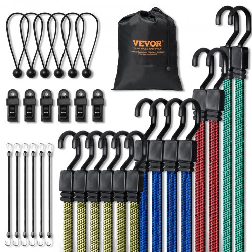 

VEVOR - Juego de 32 cuerdas elásticas planas, correas elásticas resistentes de 17 mm con ganchos en J de acero A3, incluye cuerda elástica de 10", 18", 24", 32", 40" con bolsa de almacenamiento portátil, 6 clips y ataduras para toldo
