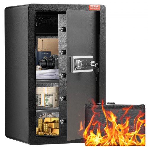 

VEVOR Caja de seguridad de una puerta de 113 L con cerradura (llave y contraseña), con bolsa ignífuga, estante para llaves, luz LED, 2 estantes y 1 gabinete, para dinero, documentos, joyas y objetos de valor, color negro