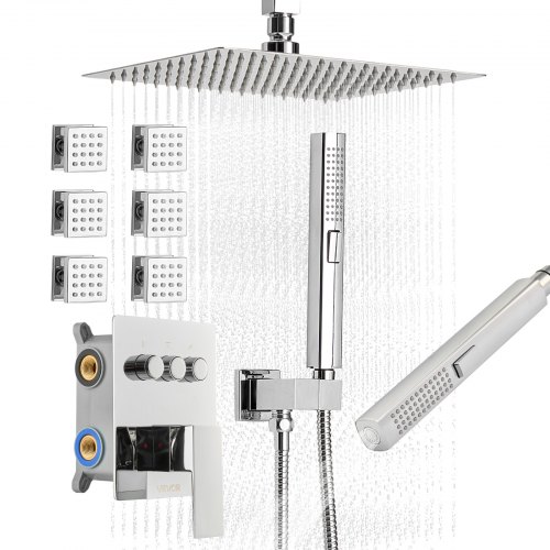 

VEVOR Sistema de Ducha Elegante, con Ducha de Lluvia de 25 cm, 6 Rociadores Corporales, Cabezal de Lluvia Giratorio 3 Funciones, Válvula de Latón y Kit de Embellecedor, Cromado, Estilo Moderno