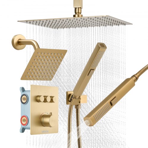 

VEVOR Sistema de Grifería, con Ducha de Lluvia de 30 cm, Cabezal de Pared de 15 cm, Ducha de Mano 2 en 1, Cabezal de Lluvia Doble Giratorio, Válvula de Latón y Kit de Embellecedor, Oro Cepillado