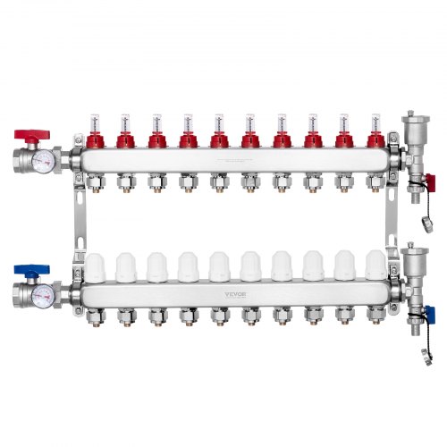 

Colector de calor radiante de 10 derivaciones VEVOR, colector de tubería PEX de 1/2", colector PEX de acero inoxidable para calefacción por suelo radiante hidrónico, kit de colector PEX de calor radiante con adaptadores de 1/2" incluidos