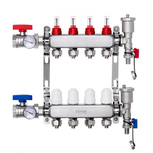 

Colector de calor radiante de 4 derivaciones VEVOR, colector de tubería PEX de 1/2", colector PEX de acero inoxidable para calefacción por suelo radiante hidrónico, kit de colector PEX de calor radiante con adaptadores de 1/2" incluidos