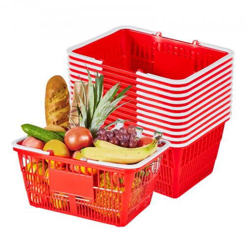 VEVOR Cestas de Compra con Asas 12 Piezas 430 x 305 x 215 mm, Apilables, de Plástico PE, Estructura de Malla Densa, Capacidad de hasta 9,07 kg, para Supermercados, Tiendas, Uso Doméstico, Rojo
