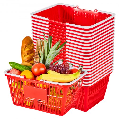 VEVOR Cestas de la Compra con Asas, 20 Unidades, 21 L, Cestas de Supermercado Apilables de Plástico PE, Estructura de Malla Densa, Capacidad hasta 9 kg para Tienda, Mercado o Hogar, Color Rojo