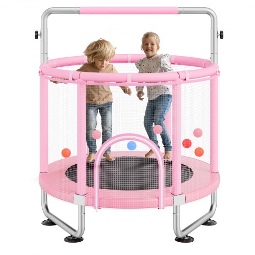 

VEVOR Trampolín para Niños para Interiores y Exteriores, Mini Trampolín Recreativo para Niños Pequeños con Red de Seguridad y Aro de Baloncesto, para Niños de más de 3 Años, 1470 x (1540-1690)mm, Rosa