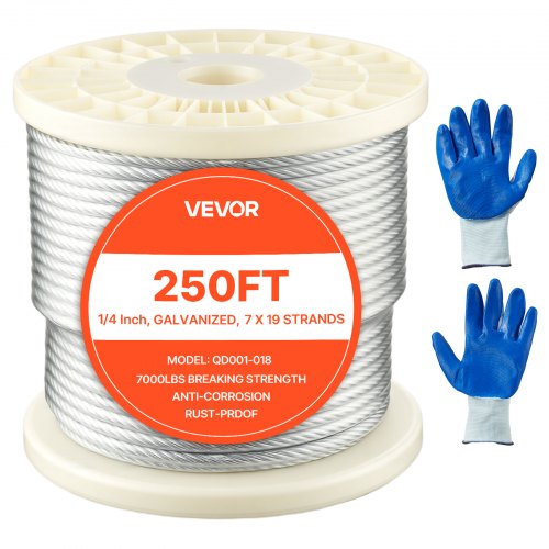 VEVOR Cable de Acero al Carbono Galvanizado 6,35 mm, Rollo de Cuerda de Alambre 76,2 m, Resistencia a la Rotura de 31,1 KN Construcción de 7x19 para Barandillas de Terraza, Enrejados de Jardín