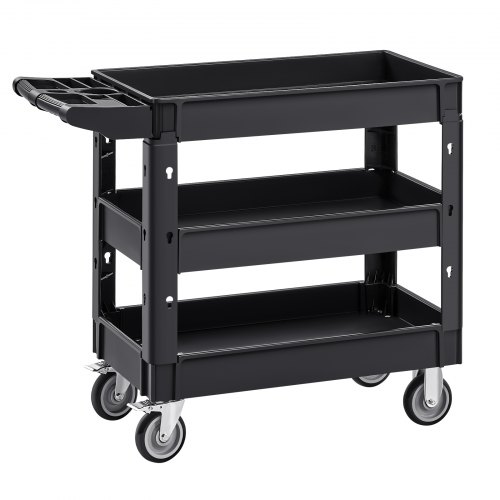 

VEVOR Carro de Servicio de 3 Niveles Carro de Transporte Utilitario PP Capacidad Total de 249kg 83 kg/Estante Ruedas Giratorias (2 con Frenos) Mango Ergonómico para Herramientas Garaje Almacén Oficina