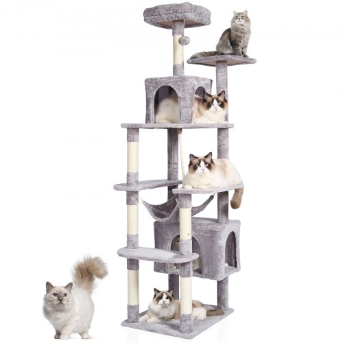 

VEVOR Torre Interior Árbol para Gatos 183 cm con Rascador 2 Casitas, Gris Claro