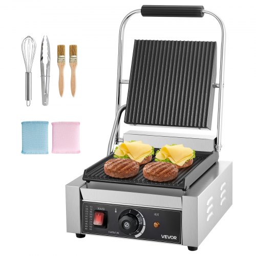 

VEVOR Parrilla de Prensa para Panini Placa Esmaltada de 22 x 23 cm Prensa Eléctrica para Sándwiches de Acero Inoxidable con Asa Control de Temperatura con Ranuras Completas para Filetes, Tocino