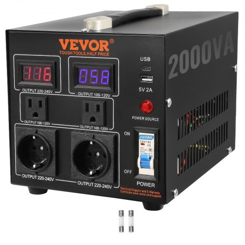 

VEVOR Transformador Convertidor de Voltaje Sube/Baja 220-110V/110-220V Convertidor 2000 VA CE con 2 Enchufes NEMA 5-15R de 3 Pines EE.UU., 2 Enchufes Shucko Europeos, 1 Conector USB, 1 Conector Tipo-C