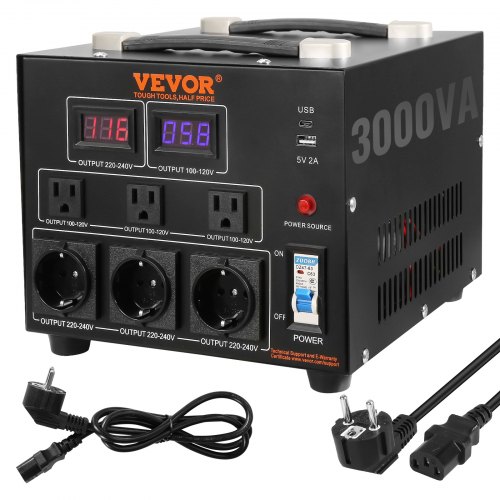 

VEVOR Transformador Convertidor de Voltaje Sube/Baja 220-110V/110-220V Convertidor 3000VA CE con 3 Enchufes NEMA 5-15R de 3 Pines EE.UU., 3 Enchufes Shucko Europeos, 1 Conector USB, 1 Conector Tipo-C