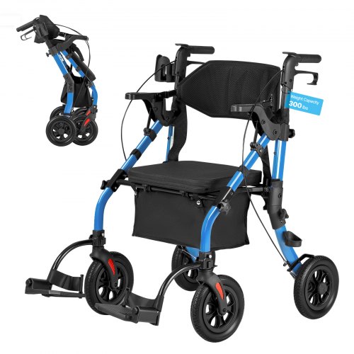 

VEVOR Andador para Ancianos 2 en 1 con Ruedas de 25,4 cm, Asiento Soporta 136 kg, Silla de Transporte Plegable de Aleación de Aluminio, Reposabrazos Ajustable para Personas Mayores Compras y Exterior