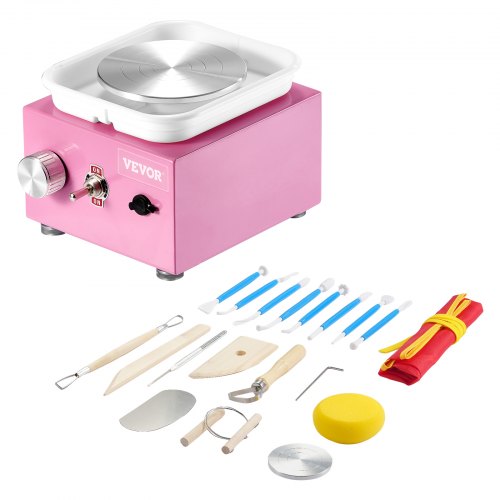 

VEVOR Mini Torno de Alfarero Velocidad Regulable 0-320 RPM Torno de Alfarero con Lavabo Extraíble 2 Platos Giratorios de 6,5 cm y 10 cm 18 Accesorios para Manualidades Bricolaje en Hogar, Rosa