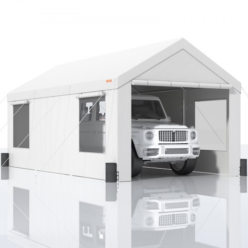 

VEVOR Toldo para Cochera, Carpa de Garaje 3x6 m Refugio Exterior con Paredes Laterales Desmontables, Ventanas, Puertas Enrollables Ventiladas, Lona Impermeable para Coche, Camión, Barco, Blanco