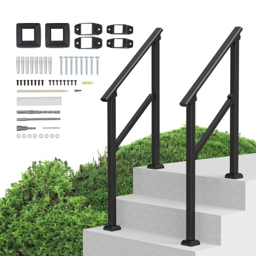 VEVOR Barandilla de Escalera para Pasamanos de Escalera 2-3 Escalones 2 PCS con Kit de Instalación Tubo Cuadrado de Acero al Carbono para Personas Mayores, Escalones de Concreto, Porche, Patio, Negro