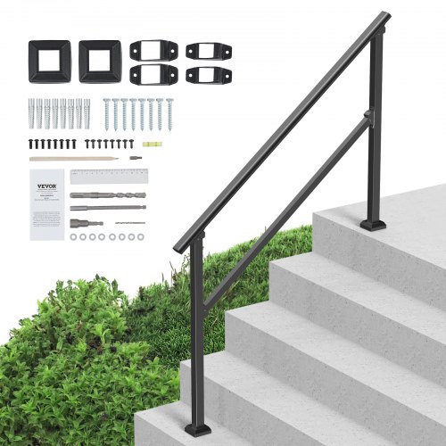 VEVOR Barandilla de Escalera para Pasamanos de Escalera de 4-5 Escalones con Kit de Instalación Tubo Cuadrado de Acero al Carbono para Personas Mayores, Escalones de Concreto, Porche, Patio, Negro