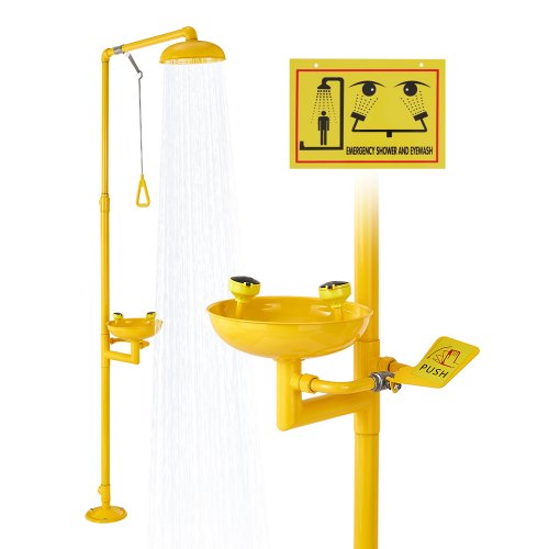 VEVOR Estación Lavaojos de Emergencia, Estación Lavaojos con Ducha de Emergencia 87 x 40 x 233 cm Diámetro del Lavabo para Lavado de Ojos de 27 cm para Escuelas, Laboratorios y Fábricas, Amarillo