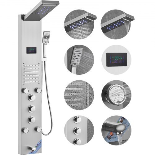 

VEVOR Sistema de panel de ducha con 6 modos, panel de ducha hidroeléctrico, pantalla LED, lluvia, cascada, 5 chorros de masaje, caño para bañera, cabezal de ducha de mano, juego de ducha