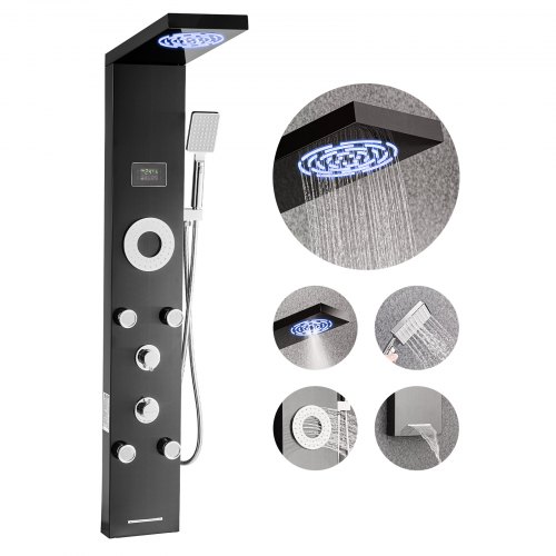 

VEVOR Sistema de Ducha 6 en 1 con Columna Tipo Torre con Efecto Lluvia, LED, Columna de Acero Inoxidable Cepillado, Grifo de 6 Funciones, con 5 Chorros Corporales, Ducha de Mano y Caño de Bañera