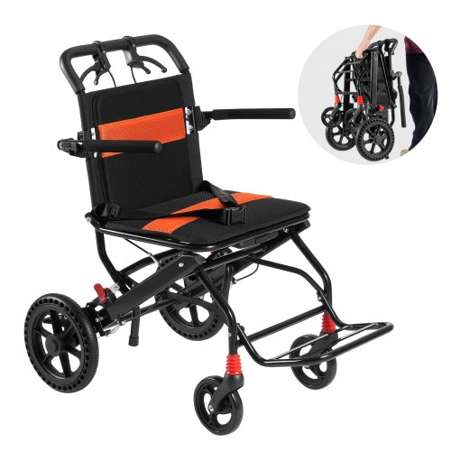 

Silla de ruedas VEVOR, silla de transporte ultraligera de aleación de aluminio para adultos, silla de ruedas plegable con brazos abatibles hasta el largo del escritorio, freno autoblocante, asiento de 18 pulgadas de ancho, capacidad de peso de 220 libras