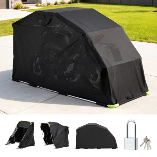 

VEVOR Refugio para Motocicleta con Cerradura de Seguridad, Carpa Abatible Oxford 600D, Resistente a la Intemperie y al Desgarro, con Ventanas de Ventilación, 2790 x 1095 x 1600 mm, Color Negro