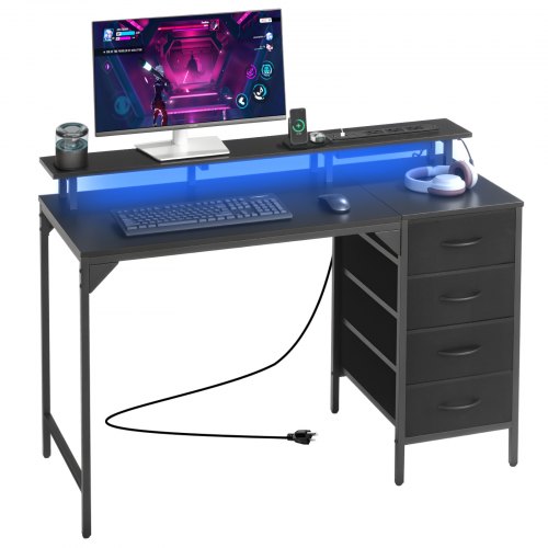 VEVOR Escritorio de Oficina, con Luces LED Inteligentes y Tomas de Corriente, con 4 Cajones Grandes y Soporte para Monitor, para Sala de Estudio, Sala de Estar, 120 x 50 x 86 cm, Color Negro