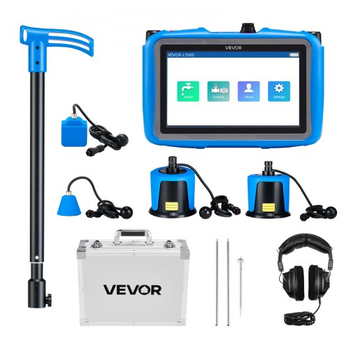 VEVOR Detector de Fugas de Agua de Tuberías, 4 Sensores, 1–10 000 Hz, Pantalla Táctil 17,78 cm, con 3 Varillas de Escucha, Auriculares, Tarjeta 8 GB y Estuche de Transporte, Profundidad 0,5–5 m