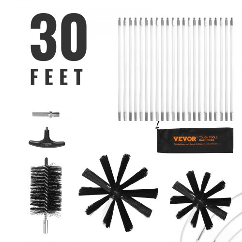 

VEVOR Kit de Deshollinador de Chimenea Estufa 9,1 m Cepillo de Limpieza de Ventilación 22 PCS Limpieza de Tuberías Varilla de Nailon con 3 Cabezales de Tamaños Diferentes 65 mm/105 mm/150 mm, Negro