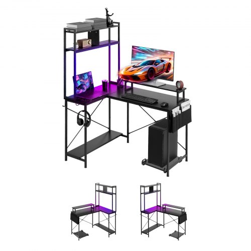 

VEVOR Escritorio Esquinero 120x90x160 cm, Escritorio en L Reversible con Luces LED, Toma de Corriente, Soporte para Monitor, Soporte para CPU Móvil, Mesa de Ordenador de Esquina para Oficina, Casa