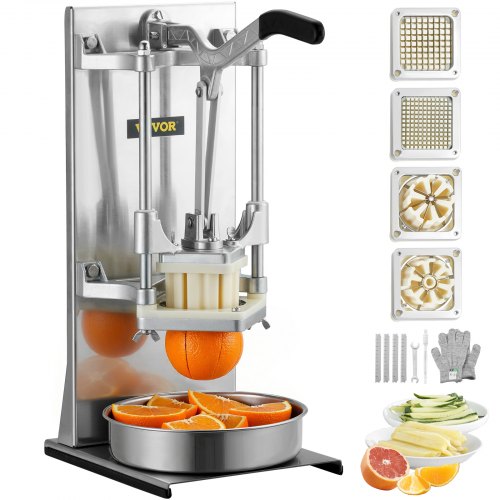 

VEVOR Cortador Manual Profesional de Patatas Fritas Cortador de Verduras 4 Cuchillas de Acero Inoxidable 6,4/9,5 mm 1 Cortador de 6 Cuñas y 1 Cortador de Manzanas Cortador de Frutas 4 Cuchillas