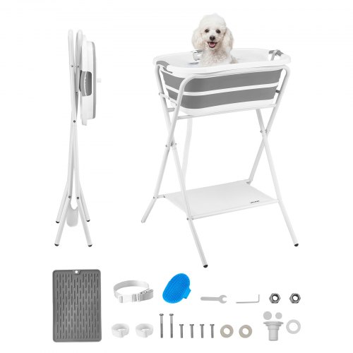

VEVOR Bañera Elevada para Perros Gatos Pequeños con Soporte, Bañera Plegable Portátil 2 en 1 para Mascotas de 1,8 a 8 kg, Estación de Baño con Estructura en X, Desagüe con Manguera, Uso en Mesa Suelo