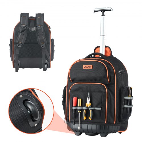 

VEVOR Mochila con Ruedas de 440 x 250 x 480 mm Capacidad de Carga de 50 kg Mochila de Herramientas Resistente con 45 Bolsillos, Asa Telescópica Ajustable y Base Estable para Construcción y Mecánico