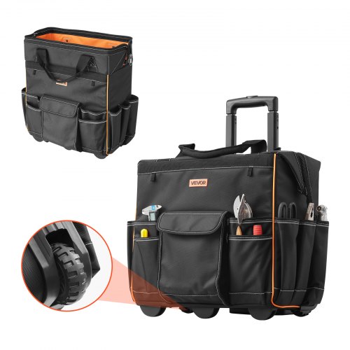 

VEVOR Mochila con Ruedas de 460 x 270 x 430 mm Capacidad de Carga de 50 kg, Mochila de Herramientas Resistente con 25 Bolsillos, Asa Telescópica Ajustable y Base Estable para Construcción y Mecánico