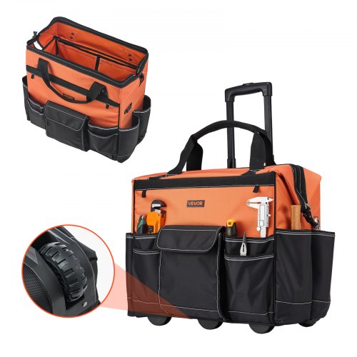 VEVOR Mochila con Ruedas de 510 x 310 x 450 mm Capacidad de Carga de 50 kg, Mochila de Herramientas Resistente con 27 Bolsillos, Asa Telescópica Ajustable y Base Estable para Construcción y Mecánico
