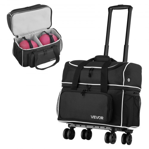 

VEVOR Bolsa para 2 Bolas de Bolos y 4 Rodillos con Ruedas, con Compartimento Separado para Zapatos hasta Talla 16 y Bolsillo Extragrande para Accesorios, Asa Retráctil hasta 95 cm, Negro y Blanco