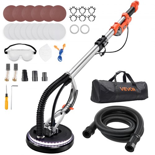 

VEVOR Lijadora de Pared y Techo 1010 W, Lijadora Jirafa, 7 Velocidades 1000-2200 RPM, Plegable y Extensión 80-158 cm, LED, Manguera de Polvo, 15 Hojas de Papel de Lija, para Suelo Pared de Yeso Gotelé